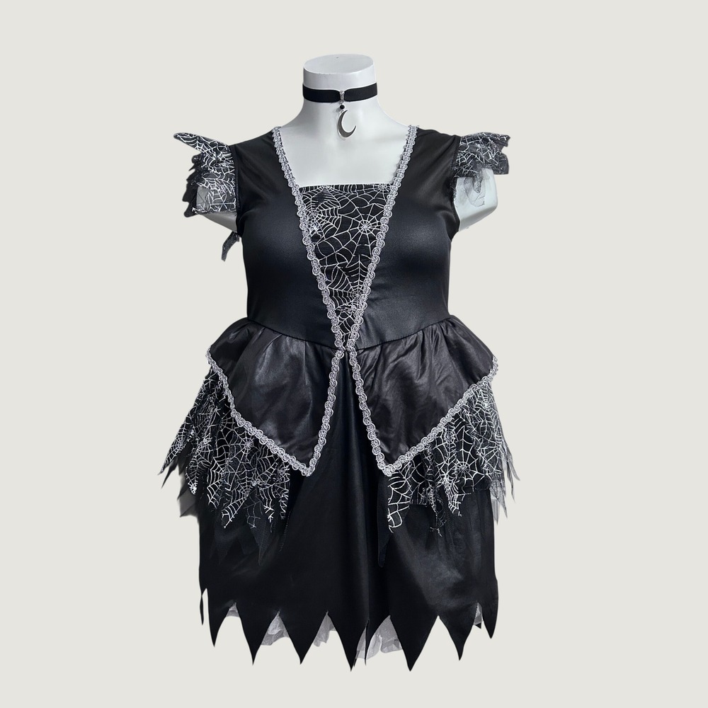 Wicked Witch Halloween Costume Black Silver Spiderweb Lace Plus Size XL
